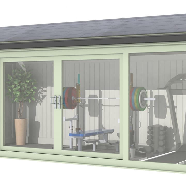 Nordic Greenwich Pavilion Ultimate Package 5.4m x 2.4m Chartwell Green.

The Greenwich Pavilion features a side opening vent in each end of the building, a fully glazed front, transom windows in each end and a slate effect tiled roof.