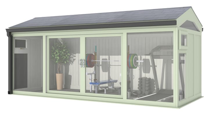 Nordic Greenwich Pavilion 5.4m x 2.4m Chartwell Green.

The Greenwich Pavilion features a side opening vent in each end of the building, a fully glazed front, transom windows in each end and a slate effect tiled roof.