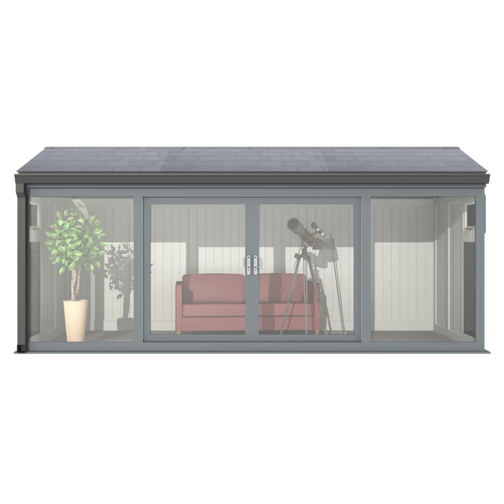 Nordic Greenwich Pavilion 5.4m x 2.4m Grey.

The Greenwich Pavilion features a side opening vent in each end of the building, a fully glazed front, transom windows in each end and a slate effect tiled roof.
