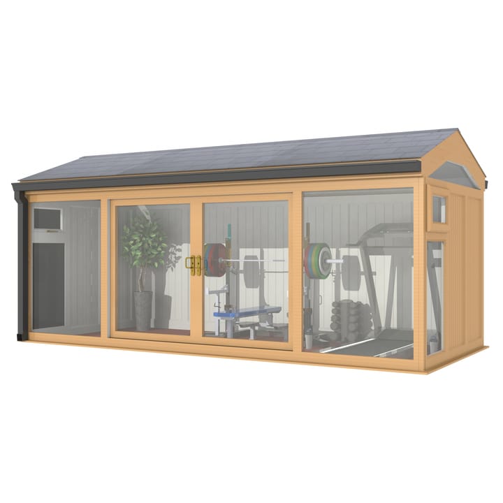 Nordic Greenwich Pavilion Ultimate Package 5.4m x 2.4m Irish Oak.

The Greenwich Pavilion features a side opening vent in each end of the building, a fully glazed front, transom windows in each end and a slate effect tiled roof.
