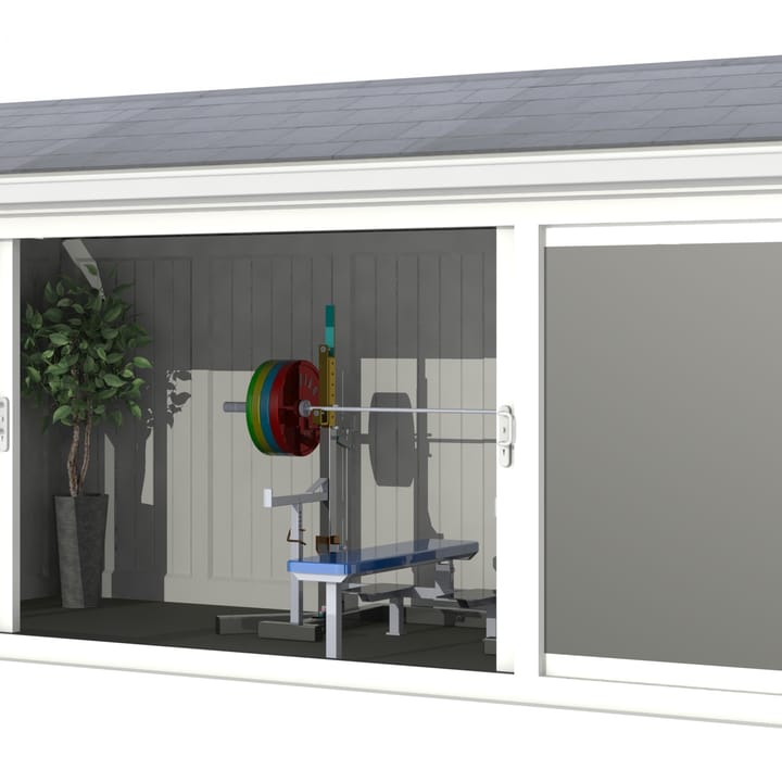 Nordic Greenwich Pavilion Ultimate Package 5.4m x 2.4m White.

The Greenwich Pavilion features a side opening vent in each end of the building, a fully glazed front, transom windows in each end and a slate effect tiled roof.