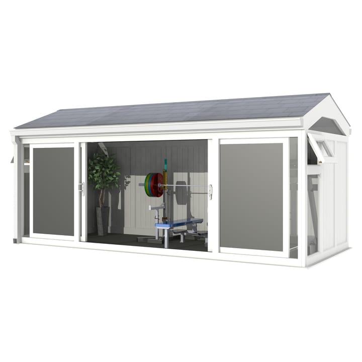 Nordic Greenwich Pavilion 5.4m x 2.4m White.

The Greenwich Pavilion features a side opening vent in each end of the building, a fully glazed front, transom windows in each end and a slate effect tiled roof.