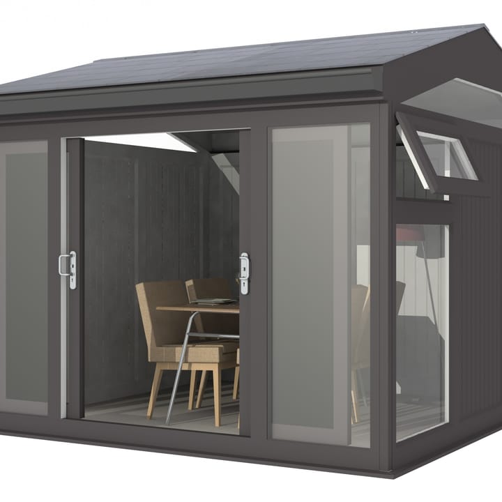 Nordic Greenwich Pavilion 3m x 3m Black.

The Greenwich Pavilion features a side opening vent in each end of the building, a fully glazed front, transom windows in each end and a slate effect tiled roof.
 