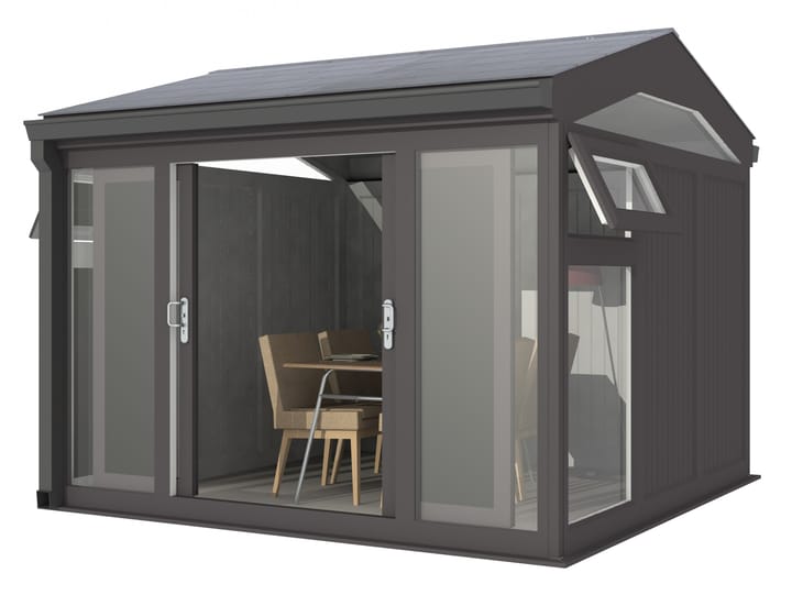 Nordic Greenwich Pavilion 3m x 3m Black.

The Greenwich Pavilion features a side opening vent in each end of the building, a fully glazed front, transom windows in each end and a slate effect tiled roof.
 