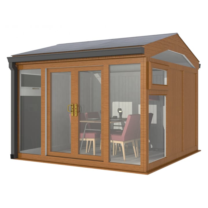 Nordic Greenwich Pavilion 3m x 3m Golden Oak.

The Greenwich Pavilion features a side opening vent in each end of the building, a fully glazed front, transom windows in each end and a slate effect tiled roof.