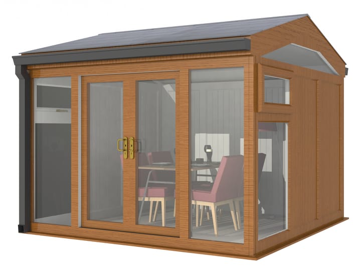 Nordic Greenwich Pavilion 3m x 3m Golden Oak.

The Greenwich Pavilion features a side opening vent in each end of the building, a fully glazed front, transom windows in each end and a slate effect tiled roof.