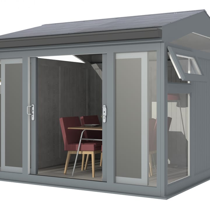 Nordic Greenwich Pavilion 3m x 3m Grey.

The Greenwich Pavilion features a side opening vent in each end of the building, a fully glazed front, transom windows in each end and a slate effect tiled roof.