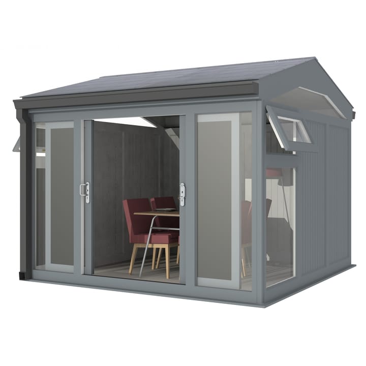 Nordic Greenwich Pavilion 3m x 3m Grey.

The Greenwich Pavilion features a side opening vent in each end of the building, a fully glazed front, transom windows in each end and a slate effect tiled roof.