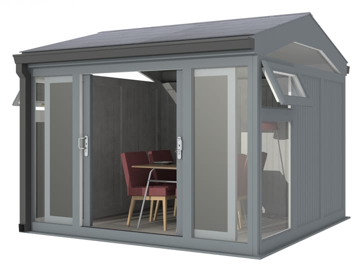 Nordic Greenwich Pavilion 3m x 3m Grey.

The Greenwich Pavilion features a side opening vent in each end of the building, a fully glazed front, transom windows in each end and a slate effect tiled roof.