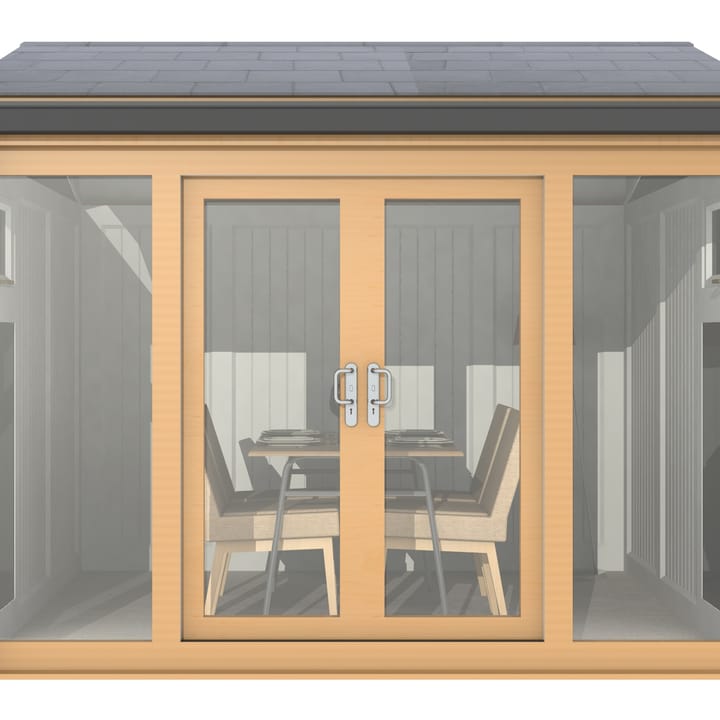 Nordic Greenwich Pavilion 3m x 3m Irish Oak.

The Greenwich Pavilion features a side opening vent in each end of the building, a fully glazed front, transom windows in each end and a slate effect tiled roof.