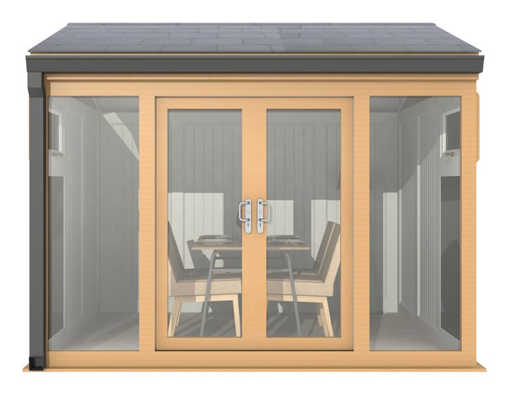 Nordic Greenwich Pavilion 3m x 3m Irish Oak.

The Greenwich Pavilion features a side opening vent in each end of the building, a fully glazed front, transom windows in each end and a slate effect tiled roof.