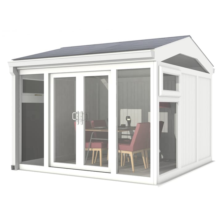 Nordic Greenwich Pavilion 3m x 3m White.

The Greenwich Pavilion features a side opening vent in each end of the building, a fully glazed front, transom windows in each end and a slate effect tiled roof.