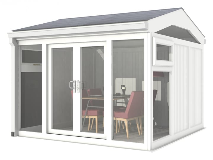 Nordic Greenwich Pavilion 3m x 3m White.

The Greenwich Pavilion features a side opening vent in each end of the building, a fully glazed front, transom windows in each end and a slate effect tiled roof.