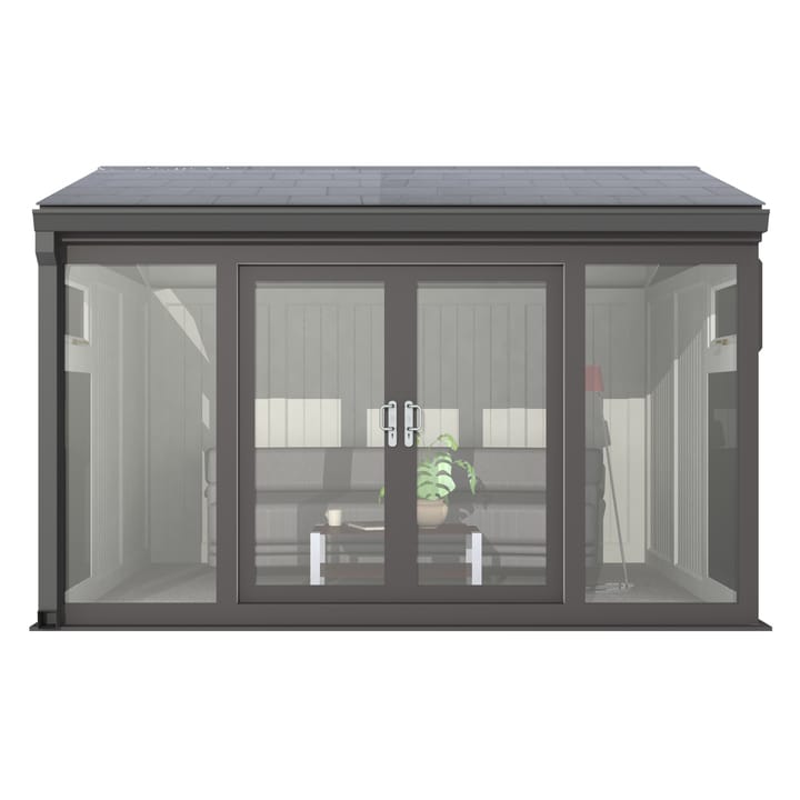 Nordic Greenwich Pavilion Ultimate Package 3.6m x 3m Black.

The Greenwich Pavilion features a side opening vent in each end of the building, a fully glazed front, transom windows in each end and a slate effect tiled roof.
 