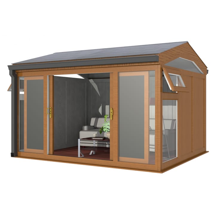 Nordic Greenwich Pavilion Ultimate Package 3.6m x 3m Golden Oak.

The Greenwich Pavilion features a side opening vent in each end of the building, a fully glazed front, transom windows in each end and a slate effect tiled roof.