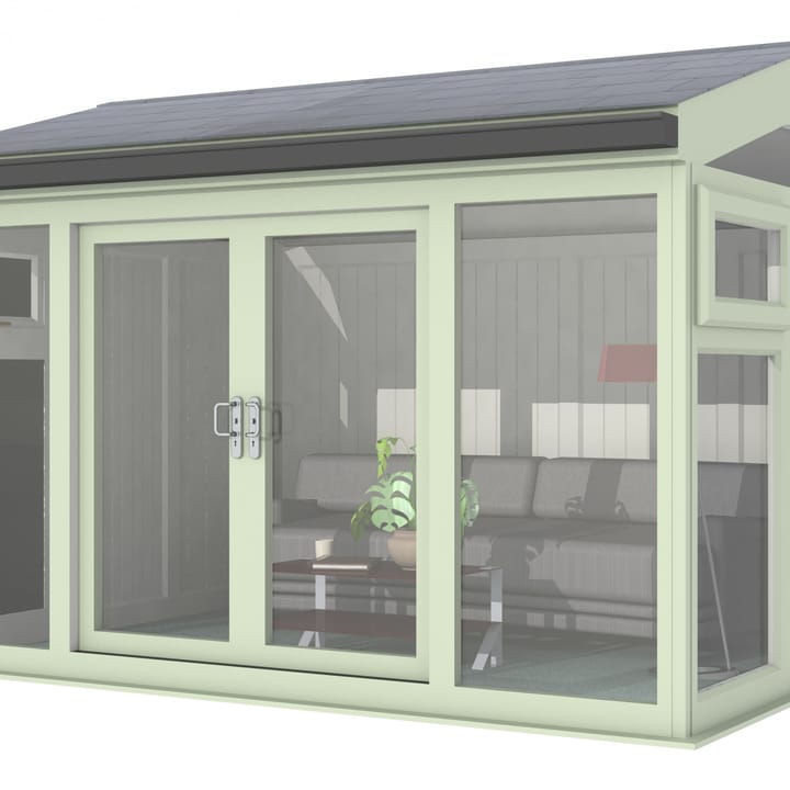 Nordic Greenwich Pavilion 3.6m x 3m Chartwell Green.

The Greenwich Pavilion features a side opening vent in each end of the building, a fully glazed front, transom windows in each end and a slate effect tiled roof.