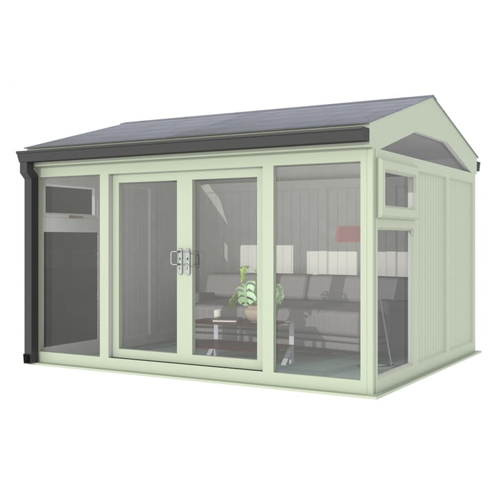 Nordic Greenwich Pavilion Ultimate Package 3.6m x 3m Chartwell Green.

The Greenwich Pavilion features a side opening vent in each end of the building, a fully glazed front, transom windows in each end and a slate effect tiled roof.