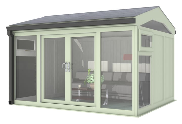 Nordic Greenwich Pavilion 3.6m x 3m Chartwell Green.

The Greenwich Pavilion features a side opening vent in each end of the building, a fully glazed front, transom windows in each end and a slate effect tiled roof.