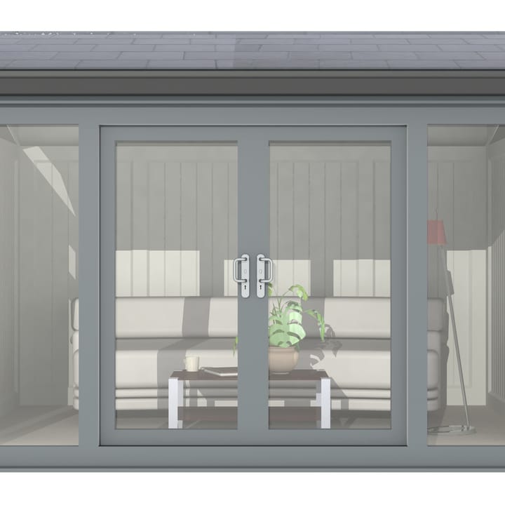 Nordic Greenwich Pavilion Ultimate Package 3.6m x 3m Grey.

The Greenwich Pavilion features a side opening vent in each end of the building, a fully glazed front, transom windows in each end and a slate effect tiled roof.