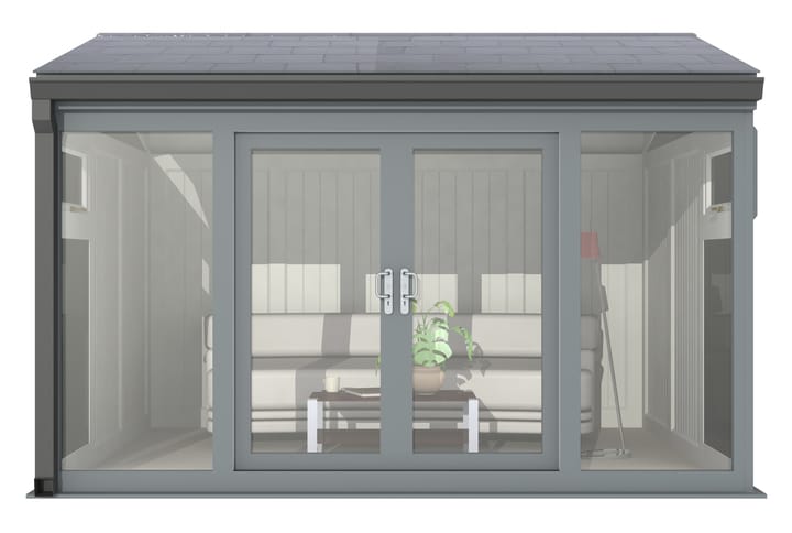 Nordic Greenwich Pavilion 3.6m x 3m Grey.

The Greenwich Pavilion features a side opening vent in each end of the building, a fully glazed front, transom windows in each end and a slate effect tiled roof.