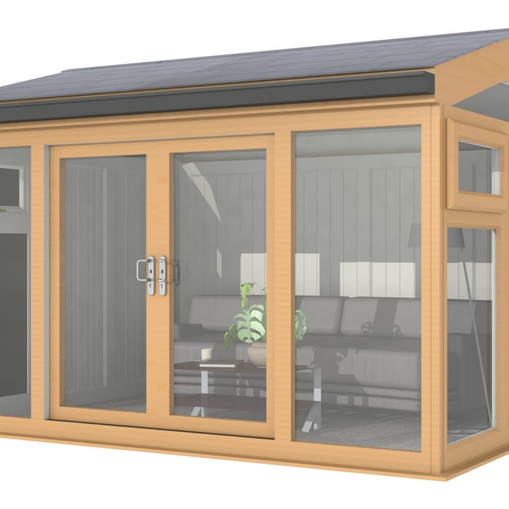 Nordic Greenwich Pavilion Ultimate Package 3.6m x 3m Irish Oak.

The Greenwich Pavilion features a side opening vent in each end of the building, a fully glazed front, transom windows in each end and a slate effect tiled roof.