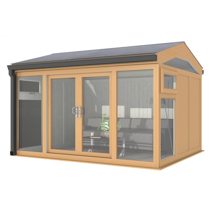 Nordic Greenwich Pavilion Ultimate Package 3.6m x 3m Irish Oak.

The Greenwich Pavilion features a side opening vent in each end of the building, a fully glazed front, transom windows in each end and a slate effect tiled roof.