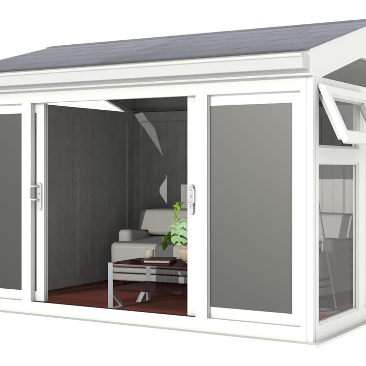 Nordic Greenwich Pavilion 3.6m x 3m White.

The Greenwich Pavilion features a side opening vent in each end of the building, a fully glazed front, transom windows in each end and a slate effect tiled roof.