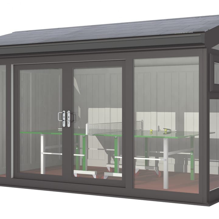 Nordic Greenwich Pavilion 4.2m x 3m Black.

The Greenwich Pavilion features a side opening vent in each end of the building, a fully glazed front, transom windows in each end and a slate effect tiled roof.
 