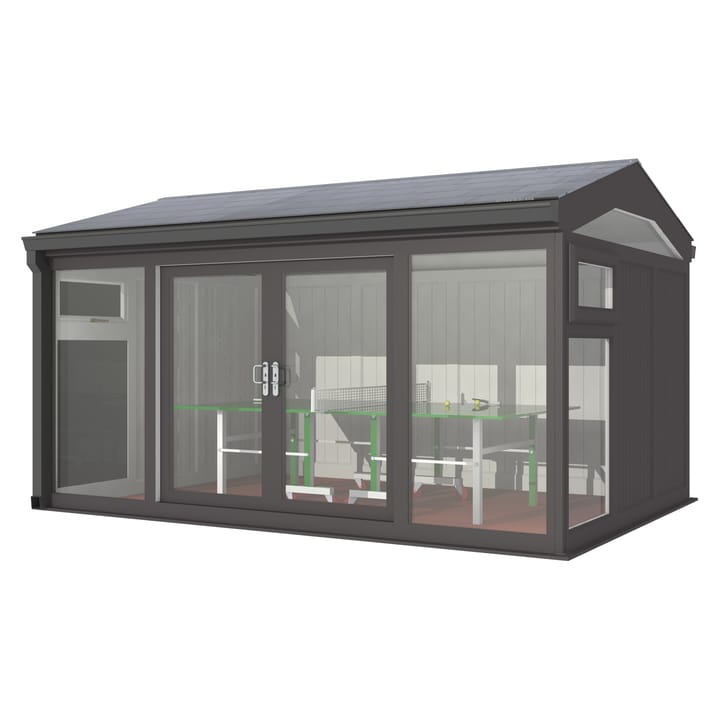 Nordic Greenwich Pavilion Ultimate Package 4.2m x 3m Black.

The Greenwich Pavilion features a side opening vent in each end of the building, a fully glazed front, transom windows in each end and a slate effect tiled roof.
 