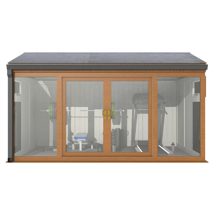 Nordic Greenwich Pavilion Ultimate Package 4.2m x 3m Golden Oak.

The Greenwich Pavilion features a side opening vent in each end of the building, a fully glazed front, transom windows in each end and a slate effect tiled roof.