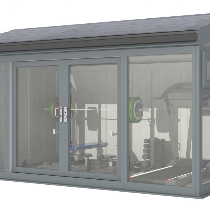 Nordic Greenwich Pavilion Ultimate Package 4.2m x 3m Grey.

The Greenwich Pavilion features a side opening vent in each end of the building, a fully glazed front, transom windows in each end and a slate effect tiled roof.
