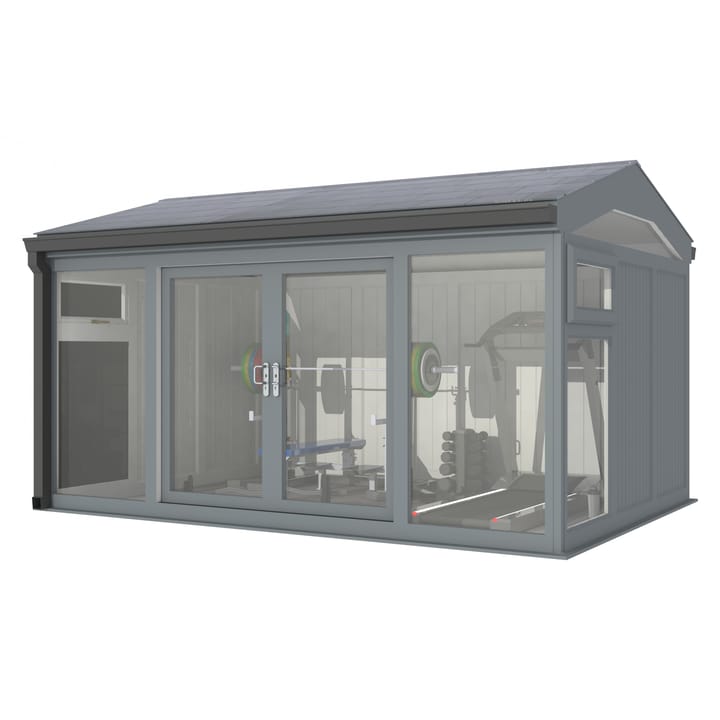 Nordic Greenwich Pavilion Ultimate Package 4.2m x 3m Grey.

The Greenwich Pavilion features a side opening vent in each end of the building, a fully glazed front, transom windows in each end and a slate effect tiled roof.
