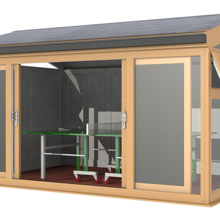 Nordic Greenwich Pavilion Ultimate Package 4.2m x 3m Irish Oak.

The Greenwich Pavilion features a side opening vent in each end of the building, a fully glazed front, transom windows in each end and a slate effect tiled roof.