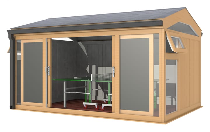 Nordic Greenwich Pavilion 4.2m x 3m Irish Oak.

The Greenwich Pavilion features a side opening vent in each end of the building, a fully glazed front, transom windows in each end and a slate effect tiled roof.
