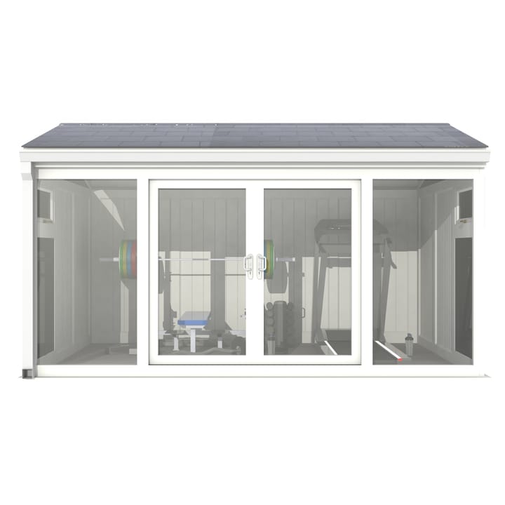 Nordic Greenwich Pavilion Ultimate Package 4.2m x 3m White.

The Greenwich Pavilion features a side opening vent in each end of the building, a fully glazed front, transom windows in each end and a slate effect tiled roof.