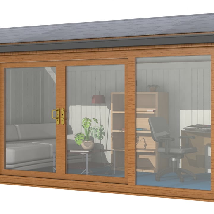 Nordic Greenwich Pavilion Ultimate Package 4.8m x 3m Golden Oak.

The Greenwich Pavilion features a side opening vent in each end of the building, a fully glazed front, transom windows in each end and a slate effect tiled roof.