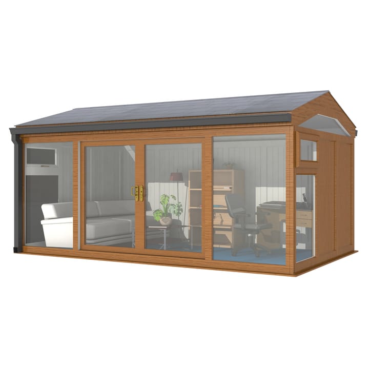 Nordic Greenwich Pavilion Ultimate Package 4.8m x 3m Golden Oak.

The Greenwich Pavilion features a side opening vent in each end of the building, a fully glazed front, transom windows in each end and a slate effect tiled roof.