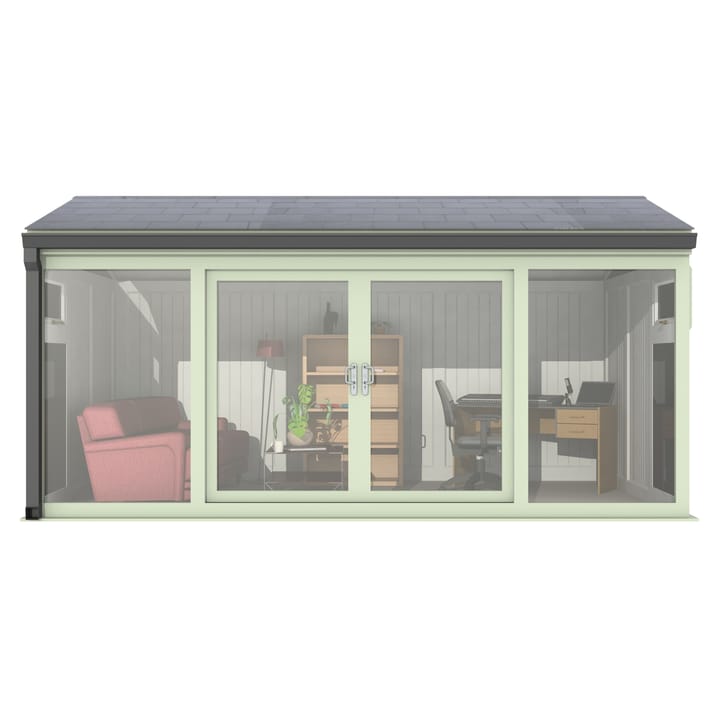Nordic Greenwich Pavilion 4.8m x 3m Chartwell Green.

The Greenwich Pavilion features a side opening vent in each end of the building, a fully glazed front, transom windows in each end and a slate effect tiled roof.
