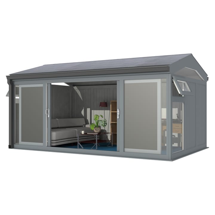 Nordic Greenwich Pavilion Ultimate Package 4.8m x 3m Grey.

The Greenwich Pavilion features a side opening vent in each end of the building, a fully glazed front, transom windows in each end and a slate effect tiled roof.