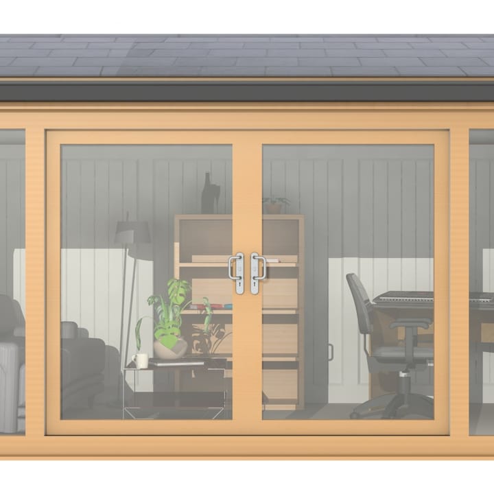 Nordic Greenwich Pavilion Ultimate Package 4.8m x 3m Irish Oak.

The Greenwich Pavilion features a side opening vent in each end of the building, a fully glazed front, transom windows in each end and a slate effect tiled roof.