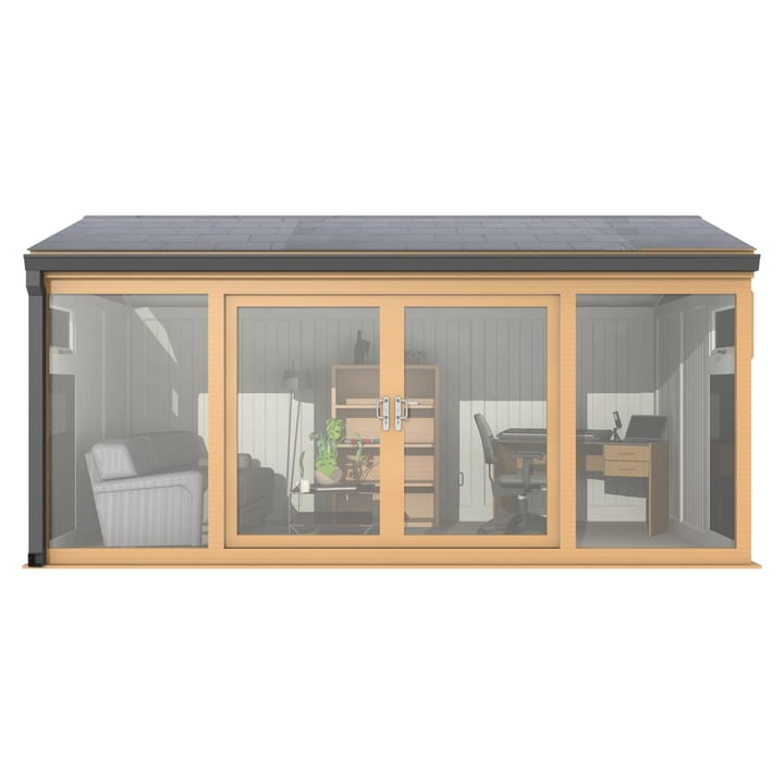 Nordic Greenwich Pavilion Ultimate Package 4.8m x 3m Irish Oak.

The Greenwich Pavilion features a side opening vent in each end of the building, a fully glazed front, transom windows in each end and a slate effect tiled roof.