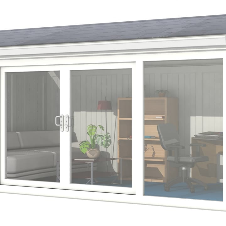 Nordic Greenwich Pavilion Ultimate Package 4.8m x 3m White.

The Greenwich Pavilion features a side opening vent in each end of the building, a fully glazed front, transom windows in each end and a slate effect tiled roof.