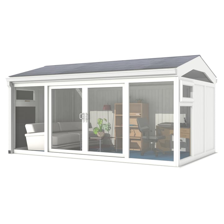 Nordic Greenwich Pavilion 4.8m x 3m White.

The Greenwich Pavilion features a side opening vent in each end of the building, a fully glazed front, transom windows in each end and a slate effect tiled roof.