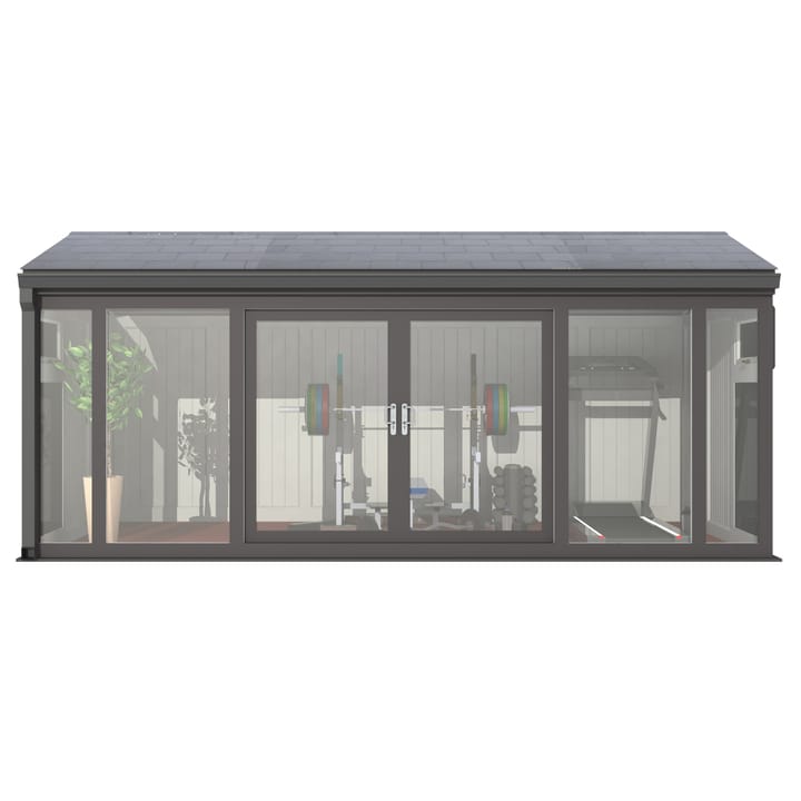 Nordic Greenwich Pavilion Ultimate Package 5.4m x 3m Black.

The Greenwich Pavilion features a side opening vent in each end of the building, a fully glazed front, transom windows in each end and a slate effect tiled roof.
 