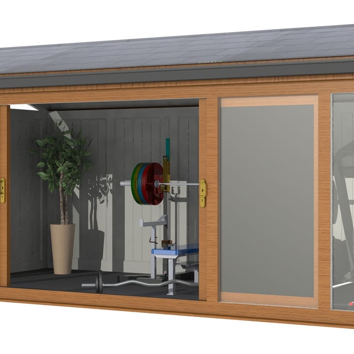 Nordic Greenwich Pavilion Ultimate Package 5.4m x 3m Golden Oak.

The Greenwich Pavilion features a side opening vent in each end of the building, a fully glazed front, transom windows in each end and a slate effect tiled roof.