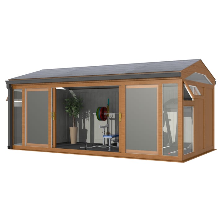 Nordic Greenwich Pavilion Ultimate Package 5.4m x 3m Golden Oak.

The Greenwich Pavilion features a side opening vent in each end of the building, a fully glazed front, transom windows in each end and a slate effect tiled roof.