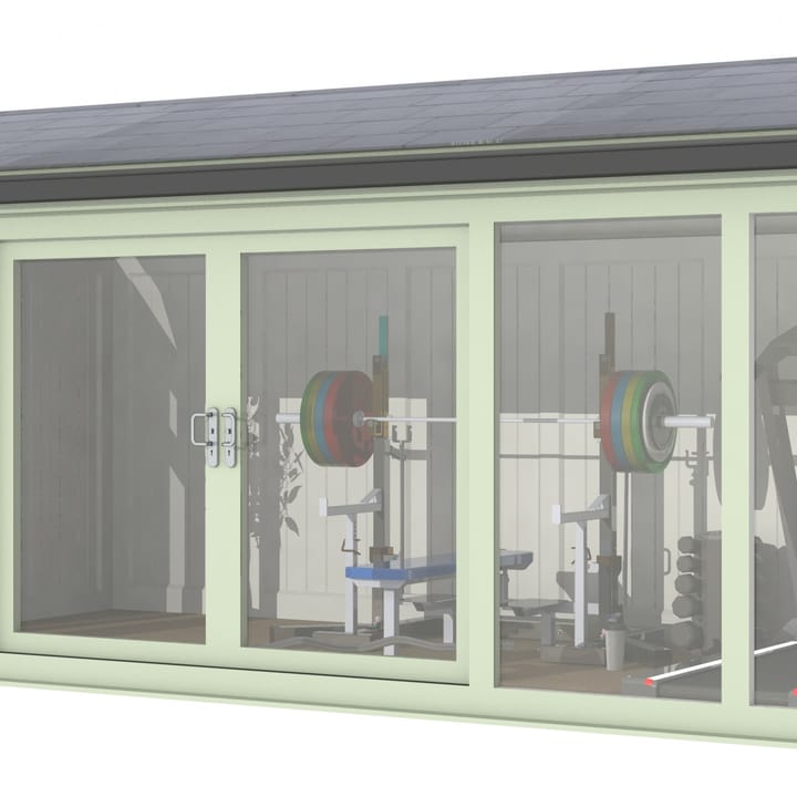 Nordic Greenwich Pavilion Ultimate Package 5.4m x 3m Chartwell Green.

The Greenwich Pavilion features a side opening vent in each end of the building, a fully glazed front, transom windows in each end and a slate effect tiled roof.