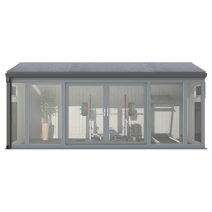 Nordic Greenwich Pavilion Ultimate Package 5.4m x 3m Grey.

The Greenwich Pavilion features a side opening vent in each end of the building, a fully glazed front, transom windows in each end and a slate effect tiled roof.