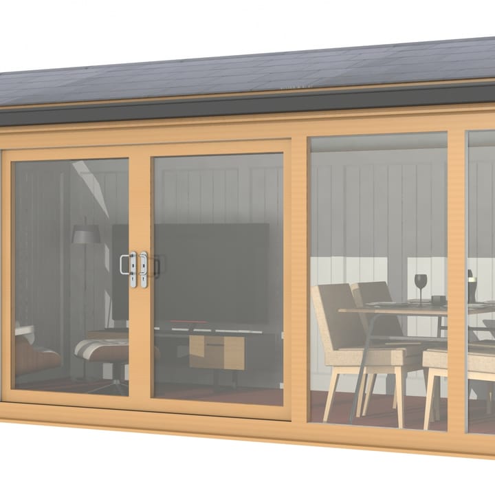 Nordic Greenwich Pavilion Ultimate Package 5.4m x 3m Irish Oak.

The Greenwich Pavilion features a side opening vent in each end of the building, a fully glazed front, transom windows in each end and a slate effect tiled roof.