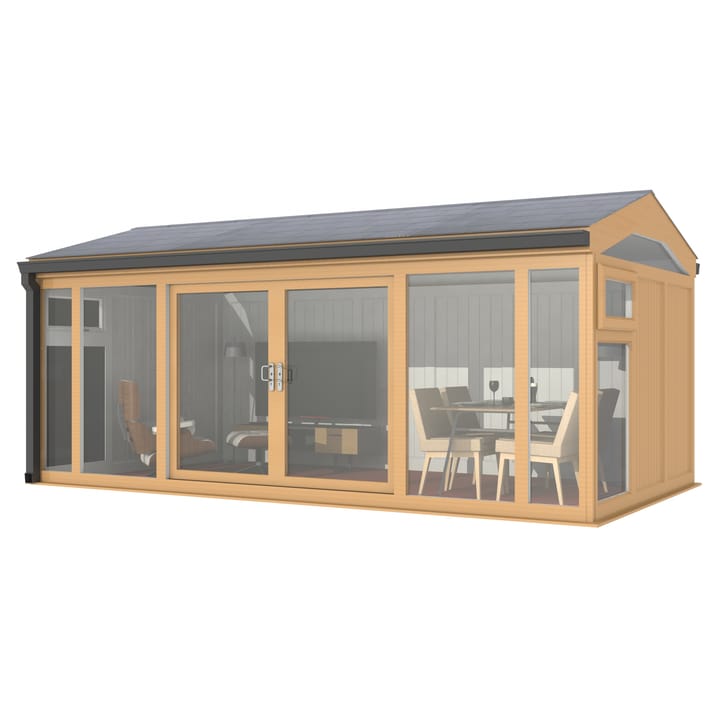 Nordic Greenwich Pavilion Ultimate Package 5.4m x 3m Irish Oak.

The Greenwich Pavilion features a side opening vent in each end of the building, a fully glazed front, transom windows in each end and a slate effect tiled roof.